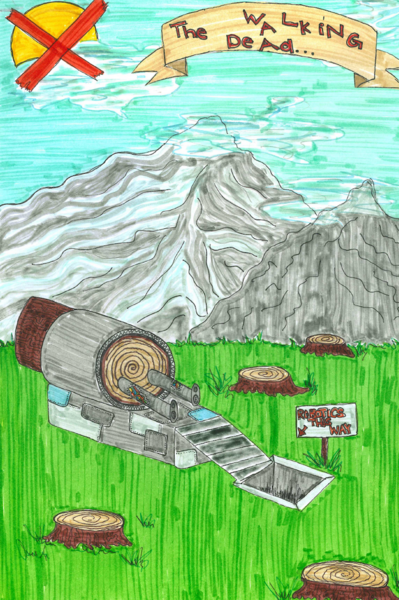 Holzfäller-Maschine mit Baumstümpfen vor Bergkulisse und "The Walking Dead"-Banner
