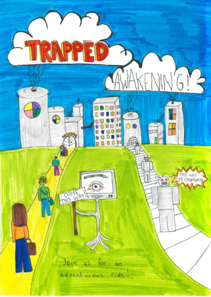 Zeichnung einer Stadt mit Wolken "TRAPPED" und "AWAKENING", Menschen und Roboter auf Wegen.